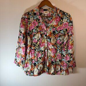 Talbots Blouse Shirt Sz 14 Button Up 100% Linen Floral Tropical Garden Cottage